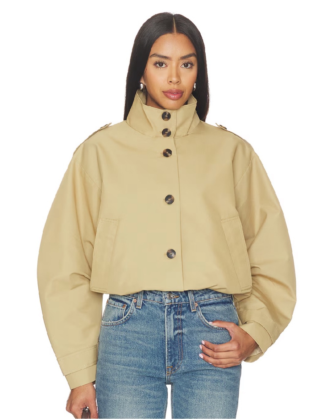 Steve Madden Tan Boxy Bomber Jacket with High Stand Collar